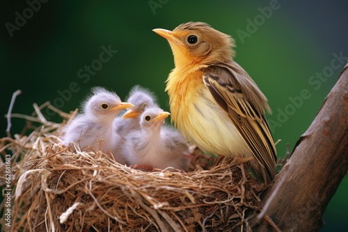 a bird feeding its chicks in a nest Fototapet