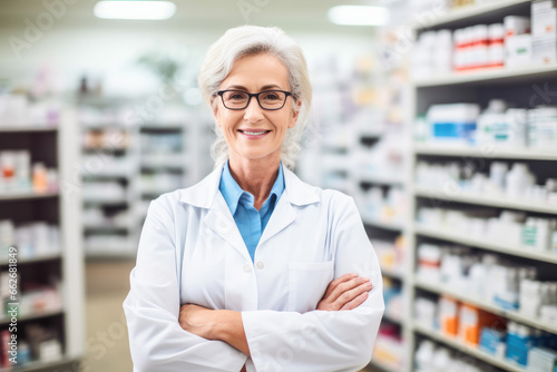 Portrait of a smiling confident female pharmacist working in a pharmacy. Standing with arms crossed in the drugstore.  © Victor