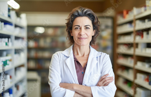 Portrait of a smiling confident female pharmacist working in a pharmacy. Standing with arms crossed in the drugstore.  photo