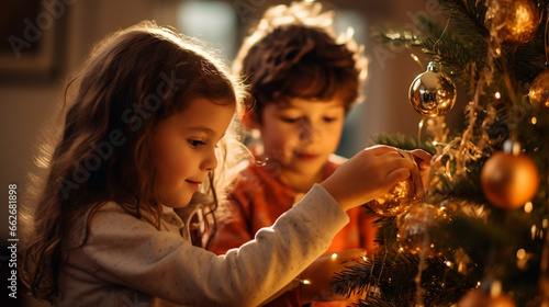 Cute little girl and her brother decorating Christmas tree together in cozy home interior, copy space. Family, winter holidays and people concept. Merry Christmas and Happy Holidays! Generative AI.