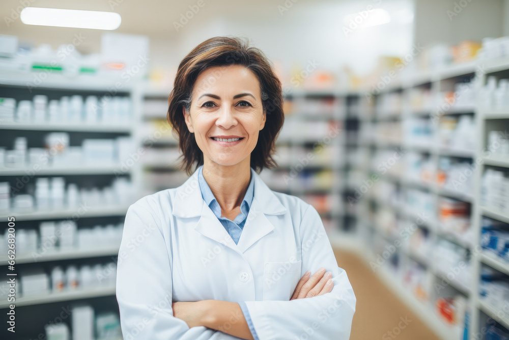 Portrait of a smiling confident female pharmacist working in a pharmacy. Standing with arms crossed in the drugstore. Portrait of a smiling confident female pharmacist working in a pharmacy. Standing with arms crossed in the drugstore.