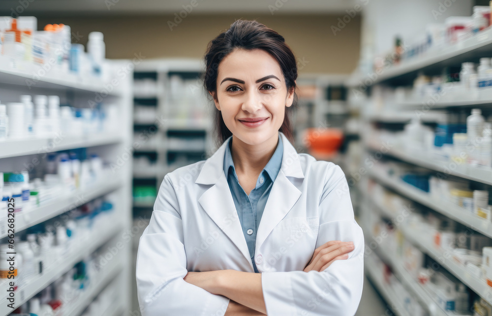 Portrait of a smiling confident female pharmacist working in a pharmacy. Standing with arms crossed in the drugstore. 