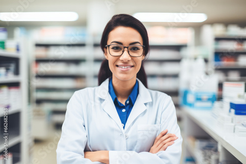 Portrait of a smiling confident female pharmacist working in a pharmacy. Standing with arms crossed in the drugstore. 