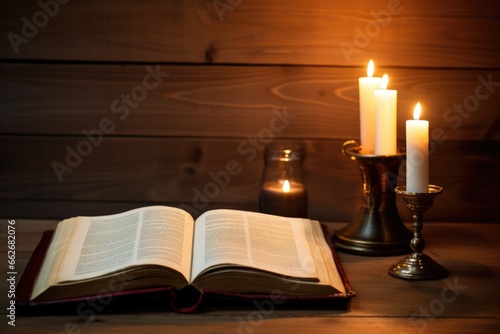 an opened bible next to candles on a wooden table