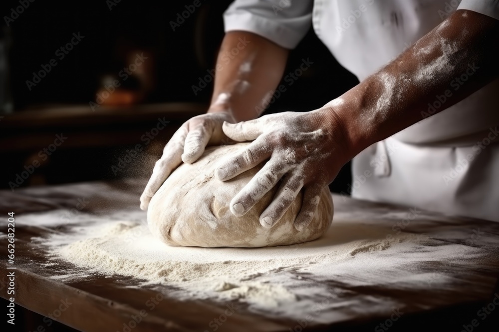 close-up shot of a baker kneading dough on a wooden surface