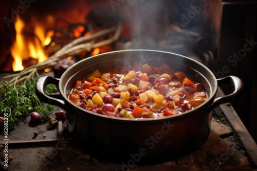 cooking pot full of stew on a rustic kitchen stove