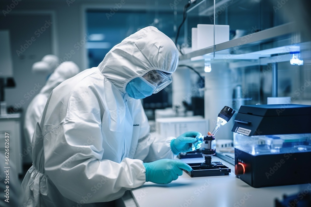 Researcher Wearing Protective Mask in Advanced Medicine and Vaccine Lab Researcher Wearing Protective Mask in Advanced Medicine and Vaccine Lab