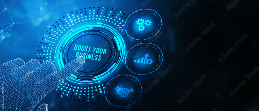 Business, Technology, Internet and network concept. Young businessman shows the word: Boost your business. 3d illustration