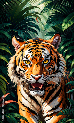 Tiger in the jungle  closeup portrait illustration. Generative AI