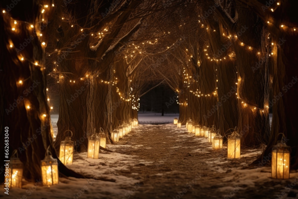 a lantern-lit path leading to a decorated tree