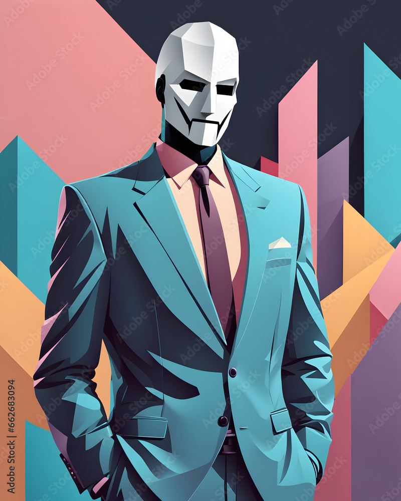 Faceless businessman in a suit and tie, retro cartoon illustration on colorful geometric background. Generative AI Faceless businessman in a suit and tie, retro cartoon illustration on colorful geometric background. Generative AI