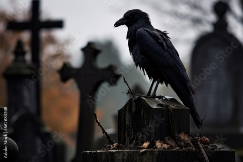 a crow perched on a tombstone in an abandoned graveyard