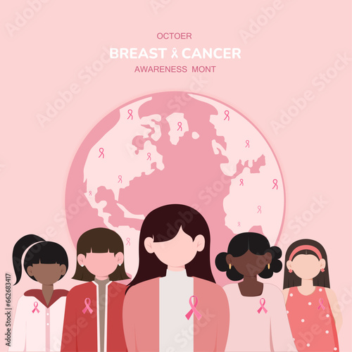 breast cancer awareness month for disease prevention campaign and diverse ethnic women group together with pink support ribbon symbol on chest concept, vector illustration