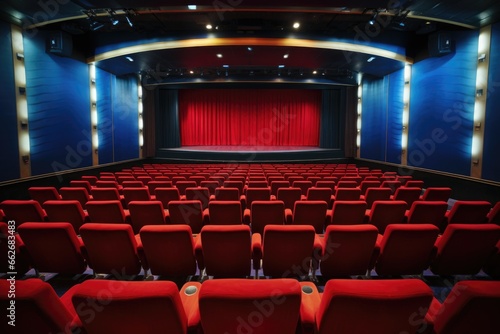 empty cruise ship theater with rows of red seats