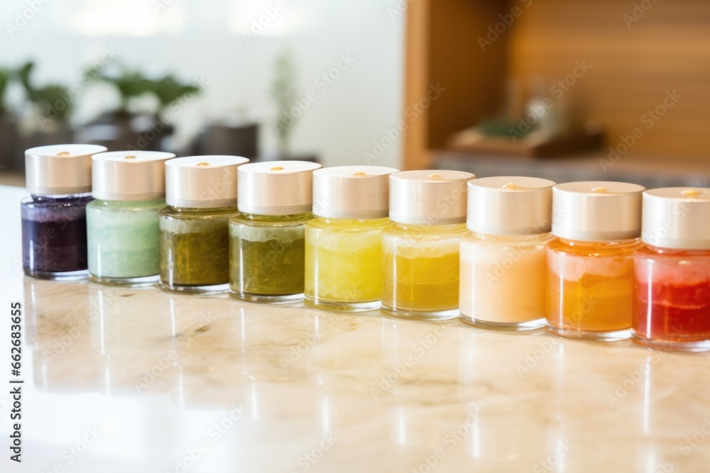 spa facial treatments lined up on a bright counter spa facial treatments lined up on a bright counter