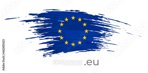 European union flag. Brush strokes, grunge. Colored stripes EU flag on a white background. Vector stylized poster eu, banner, cover design, template. Place for text. Copy space. Illustration