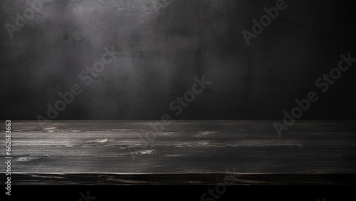 Dark wooden table and wooden wall with carbon pattern, for product display