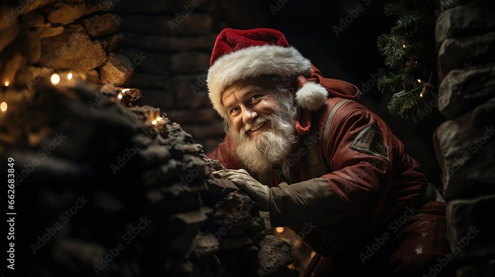 picture of Santa Claus next to Christmas tree. generated with ia