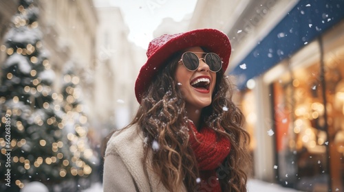 girl with sunglasses laughs in a street full of stores while it snows around her. she wears a hat and a scarf. copy space. generated with ia