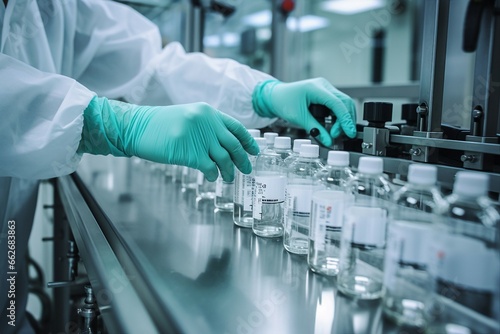 Production Line in Pharmaceutical Factory: Checking Medical Vials with Sanitary Gloves