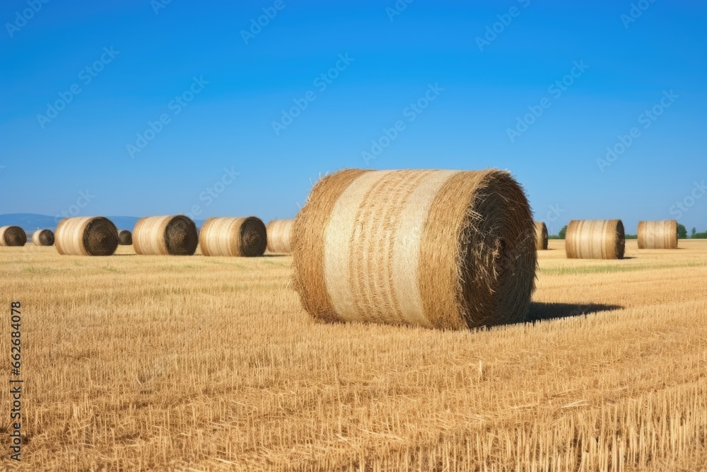 hay bales stacked high on a field under a clear sky