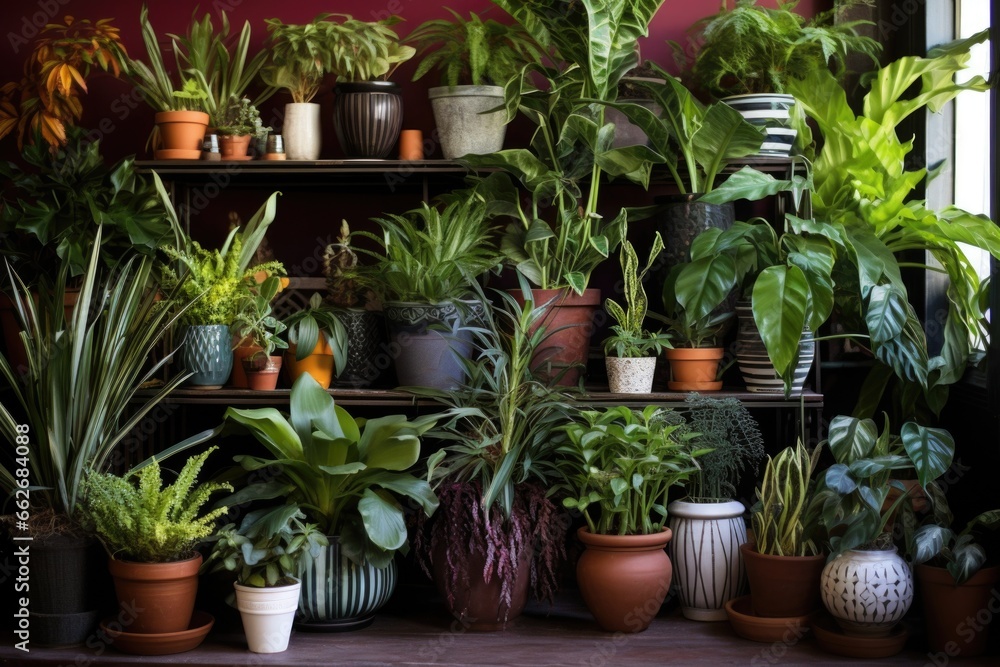 a collection of decorative indoor plants in shiny pots