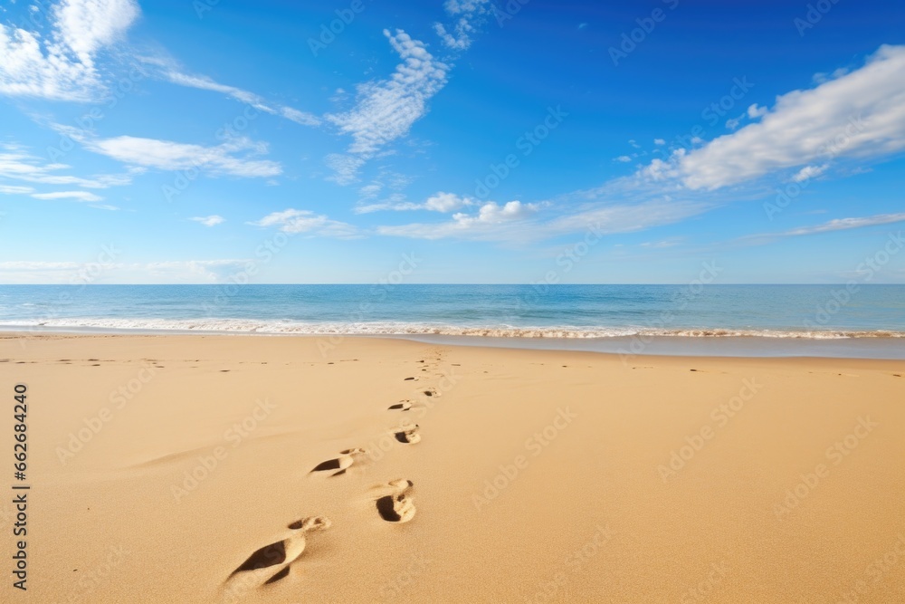 footprints on the sand leading towards the horizon