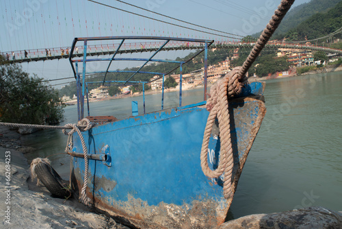 Blue vintage boat at ganga riverside