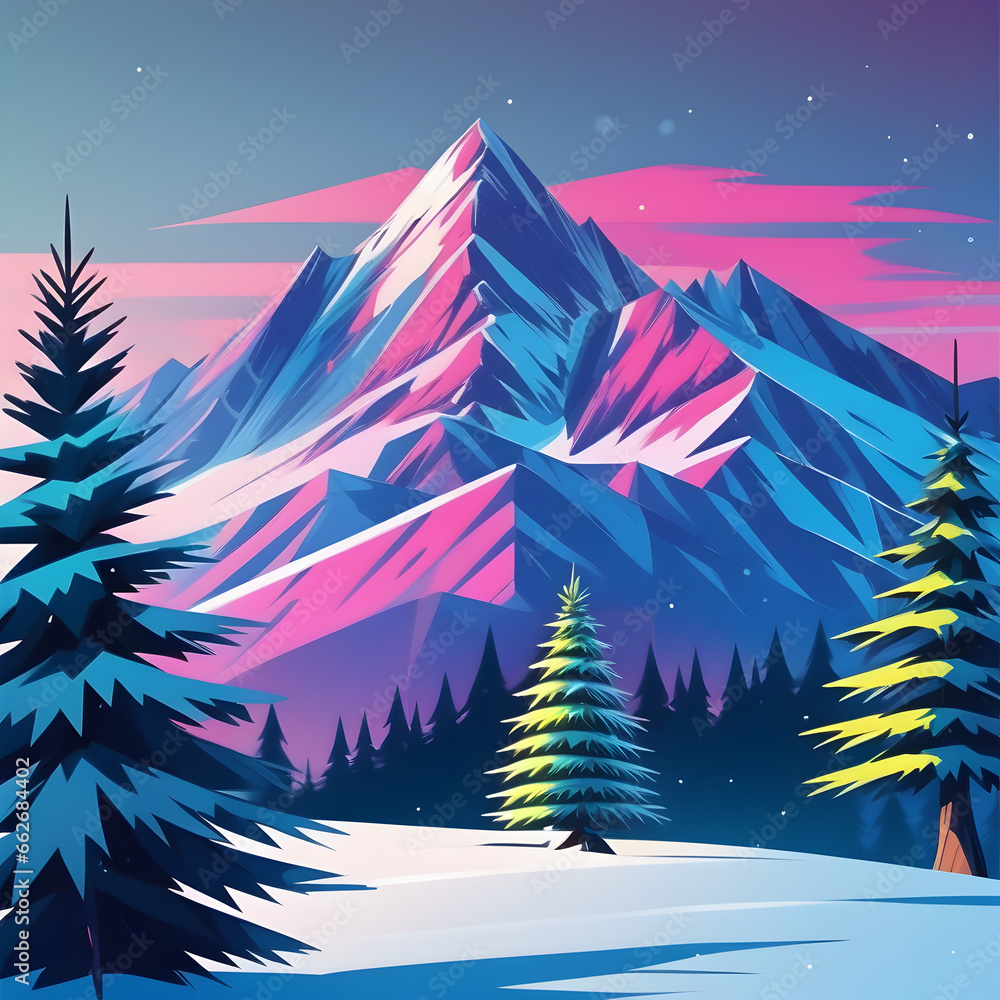 Winter mountain landscape with trees and snow. Generative AI