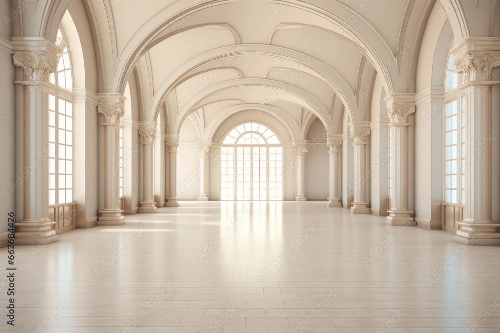 Realistic photo of bright palace hall with big windows and light hall inside. Empty room with tile white floor. 
