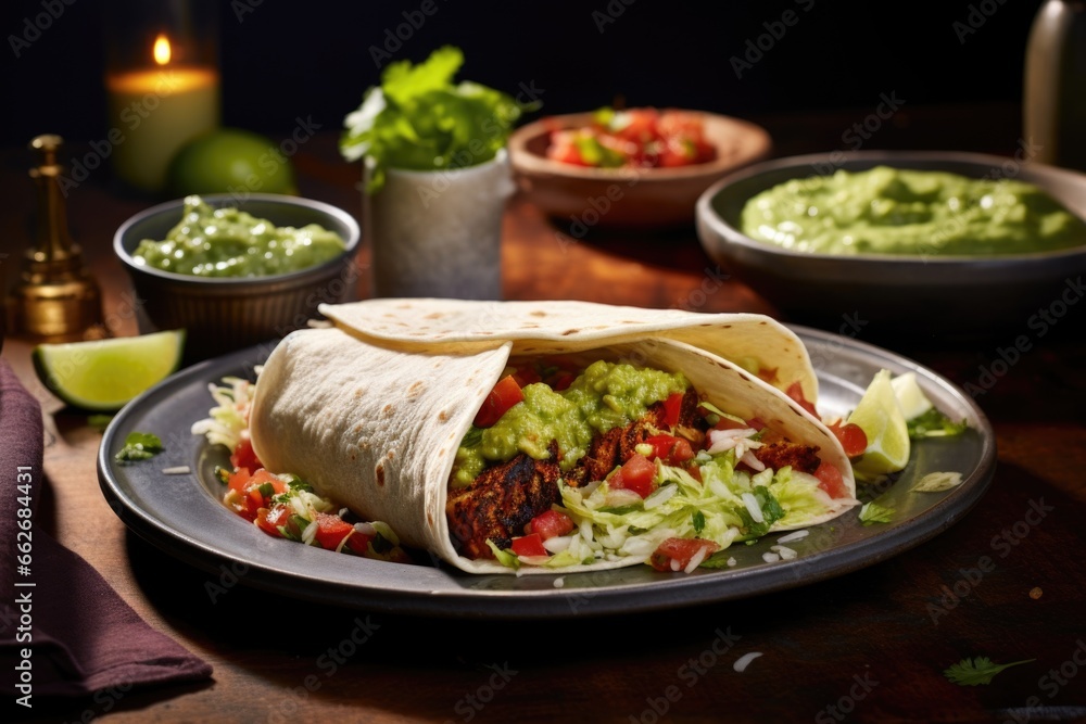 mexican taco with guacamole and salsa on a plate mexican taco with guacamole and salsa on a plate