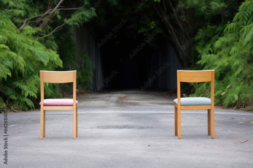 two small chairs placed back to back two small chairs placed back to back