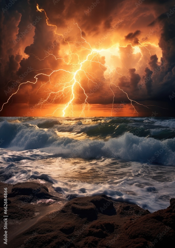 dramatic thunderstorm on beach seascape