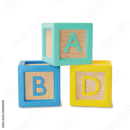 3d ABC Block Cartoon Style Education Concept. Vector illustration of Children Toy Blocks with Letters Game Design
