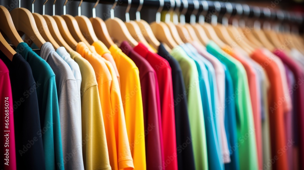 Colourful clothes on hangers. Generative AI Colourful clothes on hangers. Generative AI
