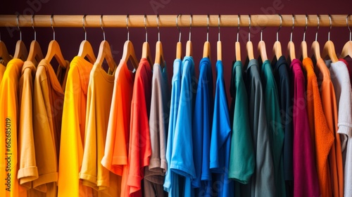 Colourful clothes on hangers. Generative AI