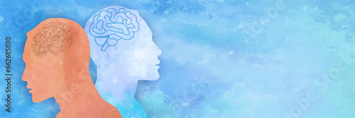 Metaphor bipolar disorder mind mental. Double face with tangle and untangle brain. Split personality. Mood disorder. 2 Head silhouette. Psychology. Mental health. Psychiatry.Watercolor