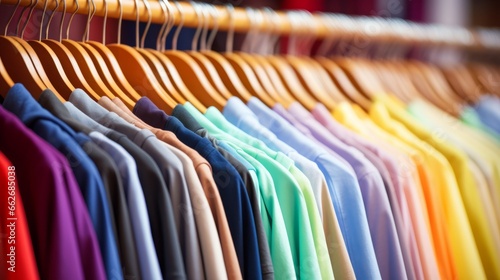Colourful clothes on hangers. Generative AI © AIExplosion