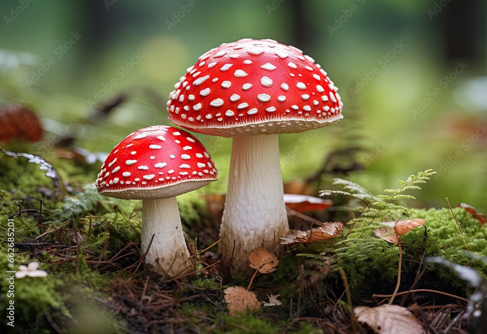 Fototapeta premium Whimsical Fly Agaric Mushrooms Nestled in Mossy Forest Enchantment. Generative AI