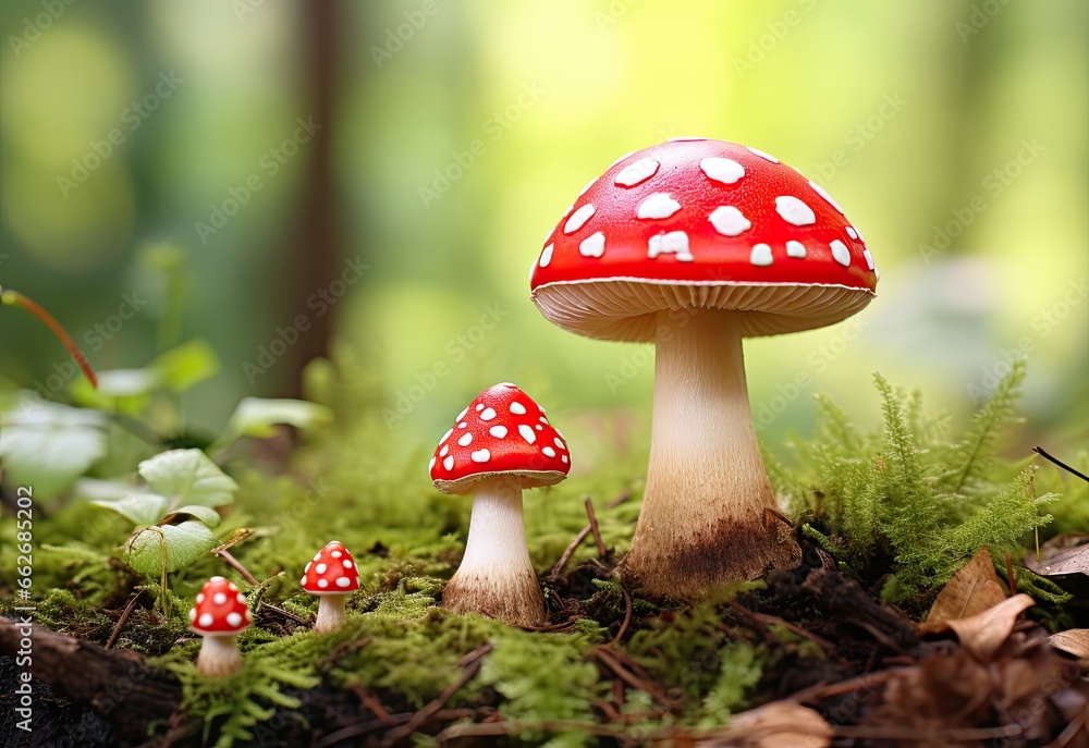 Whimsical Fly Agaric Mushrooms Nestled in Mossy Forest Enchantment. Generative AI Whimsical Fly Agaric Mushrooms Nestled in Mossy Forest Enchantment. Generative AI