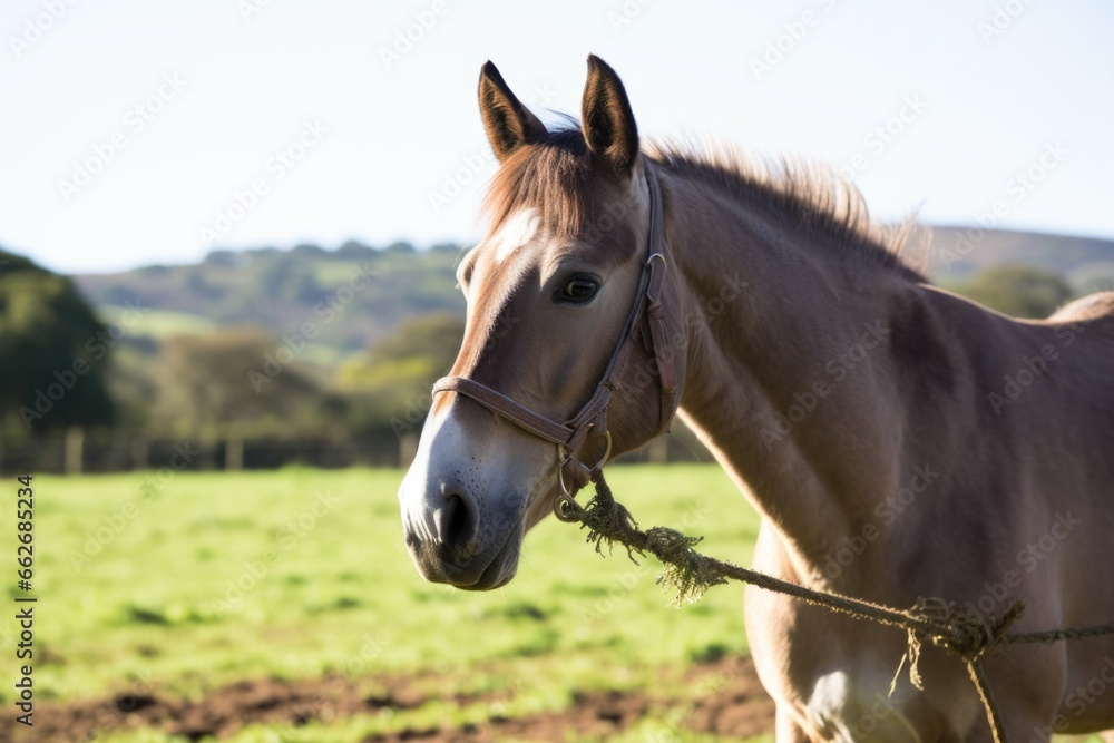 service donkey in paddock with visible halter service donkey in paddock with visible halter