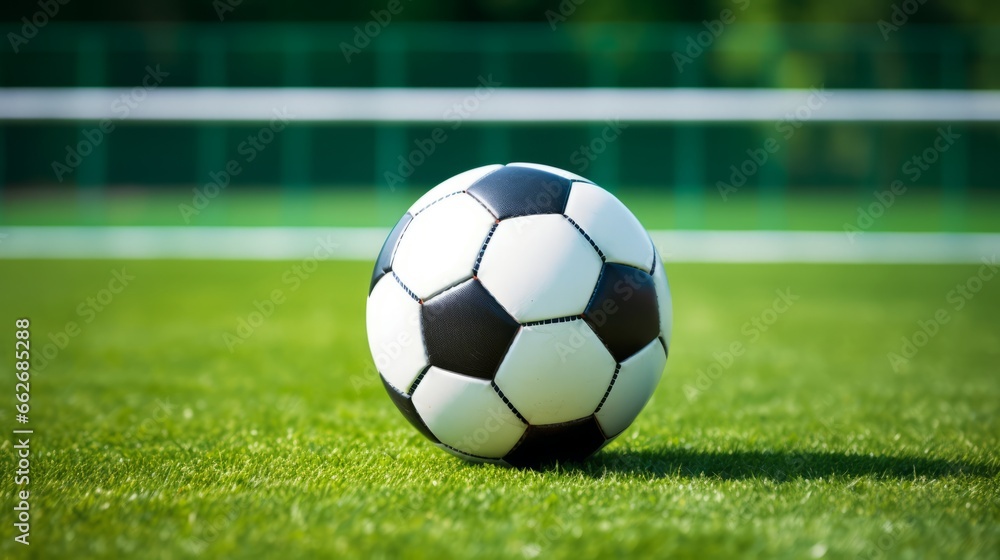 Obraz premium Soccer ball on green grass, Generative AI