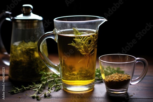 glass of herbal tea next to a hot water kettle