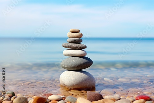 stack of pebbles in front of a tranquil sea