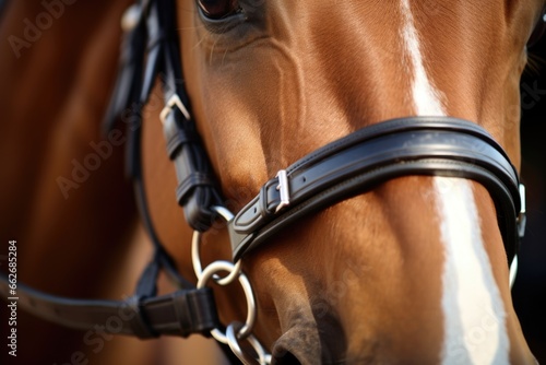 close-up of horses eyes with its therapeutic harness