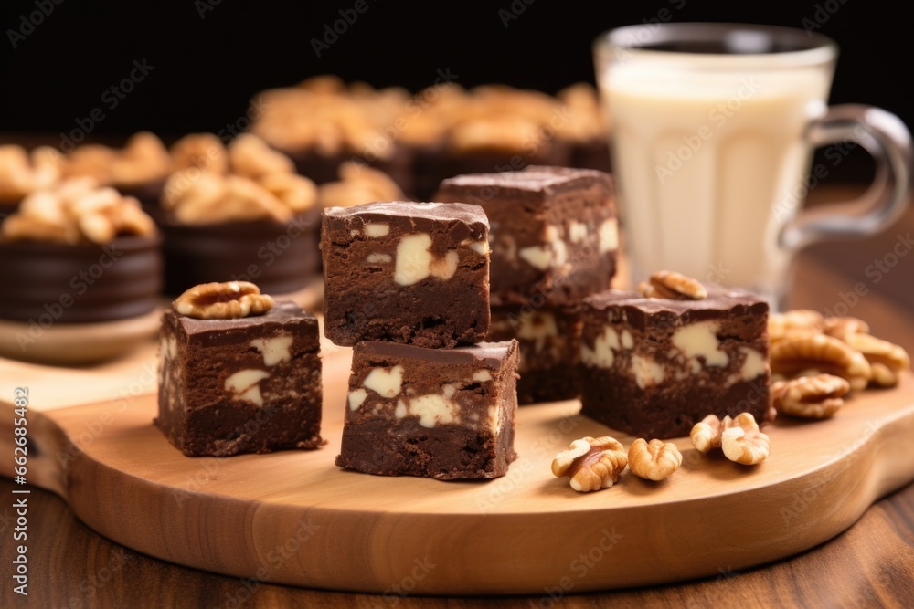 bite-sized brownies with nuts on a wooden serving board