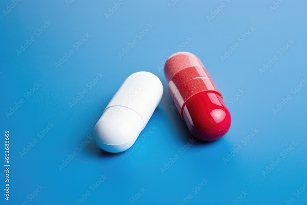 white and red capsules of antibiotics isolated on a blue background white and red capsules of antibiotics isolated on a blue background