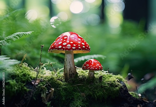 Whimsical Fly Agaric Mushrooms Nestled in Mossy Forest Enchantment. Generative AI