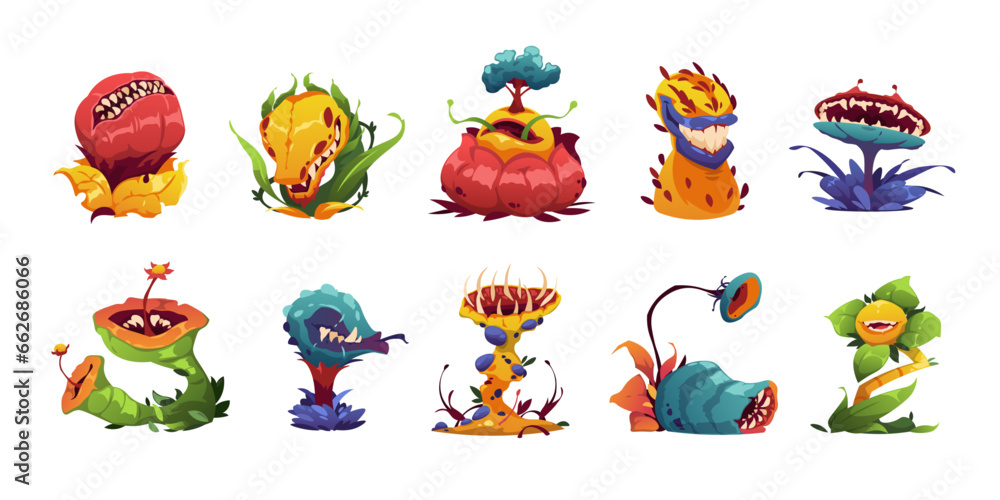 Carnivorous plant. Cartoon monster plants with teeth and tongue, toxic monster plants with canines and teeth, botanical carnivore flora. Vector set