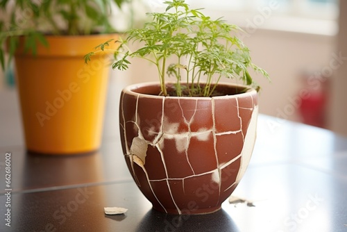 a cracked flowerpot repaired, and the plant reviving photo